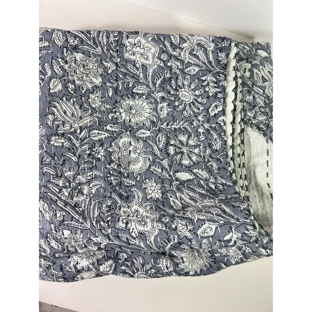 Floral Hand Block Print Handmade Kantha Quilt Indian BlueWhite New 60 x 90